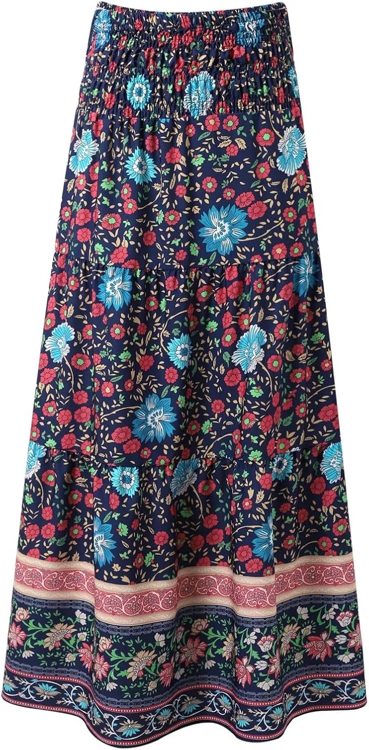 Boho Maxi Skirts for Women Summer Elastic Waisted Flowy Swing A-Line Floral Printed Long Skirt