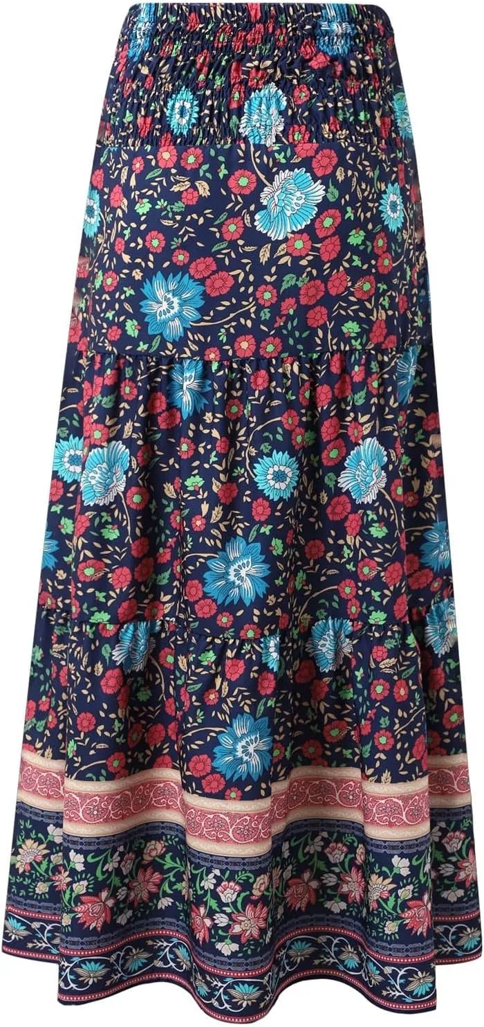 Boho Maxi Skirts for Women Summer Elastic Waisted Flowy Swing A-Line Floral Printed Long Skirt