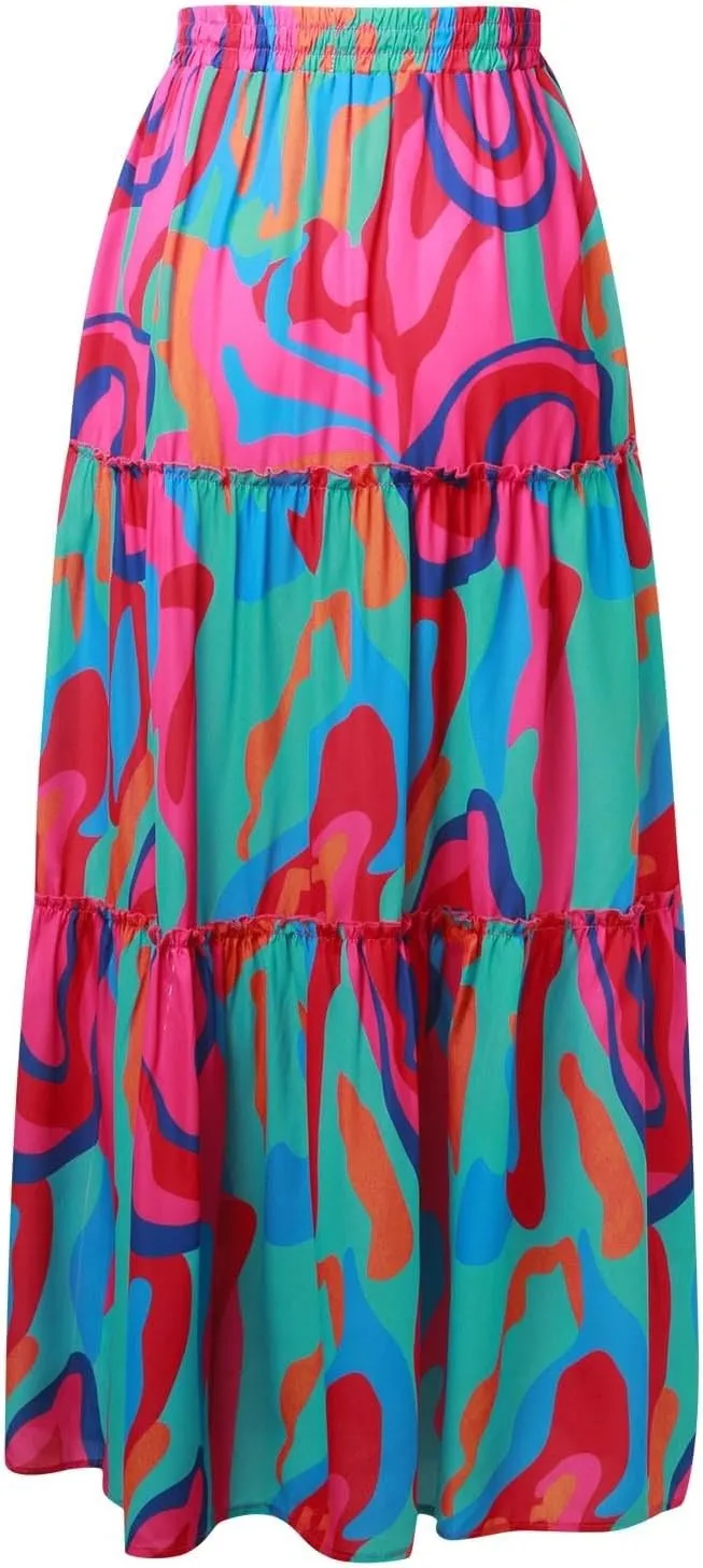 Boho Skirts for Women 2025 Elastic High Waisted Flowy Swing A-Line Beach Vacation Maxi Skirt