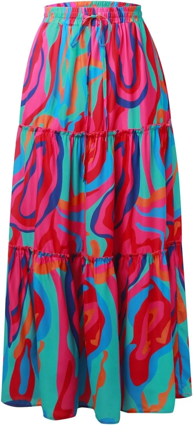 Boho Skirts for Women 2025 Elastic High Waisted Flowy Swing A-Line Beach Vacation Maxi Skirt