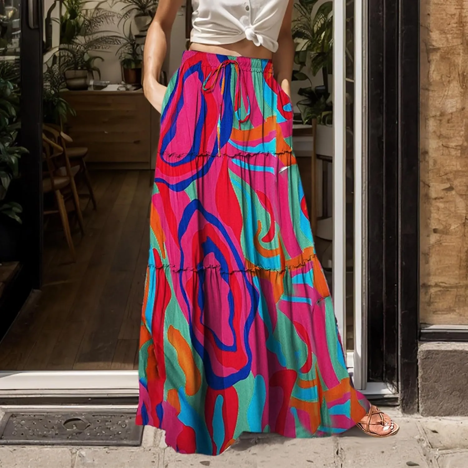 Boho Skirts for Women 2025 Elastic High Waisted Flowy Swing A-Line Beach Vacation Maxi Skirt
