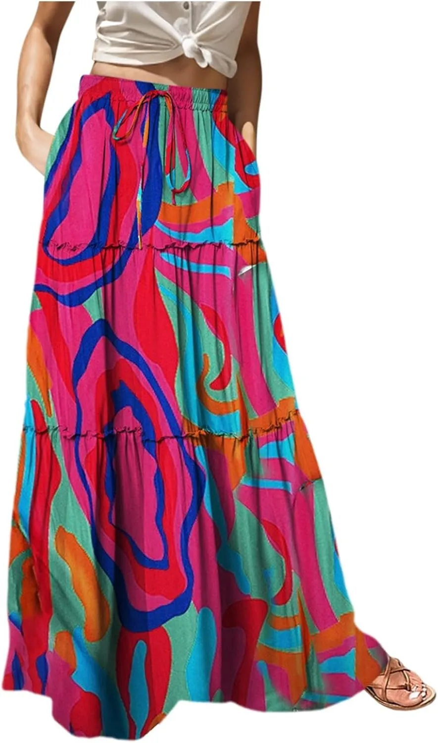 Boho Skirts for Women 2025 Elastic High Waisted Flowy Swing A-Line Beach Vacation Maxi Skirt