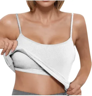 Built in Bra Tank Tops for Women Summer Casual Ribbed Knit Camisole Spaghetti Straps Sleeveless Padded Workout Tops