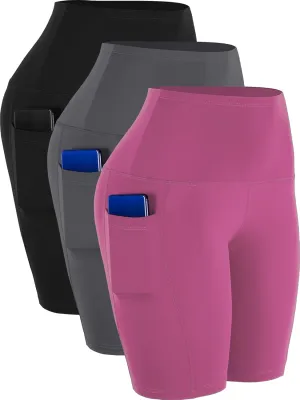 CADMUS 3 Pack Women 9" Biker Compression Short Leggings for Yoga with Big Pockets