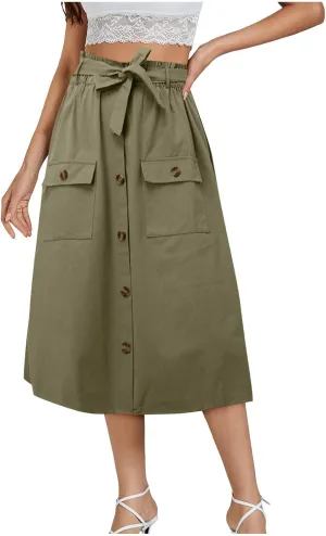 Cargo Midi Skirts for Women Drawstring Elastic High Waisted Long Skirt with Pockets 2025 Summer Y2K Vacation Clothes
