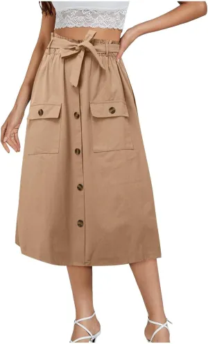 Cargo Midi Skirts for Women Drawstring Elastic High Waisted Long Skirt with Pockets 2025 Summer Y2K Vacation Clothes