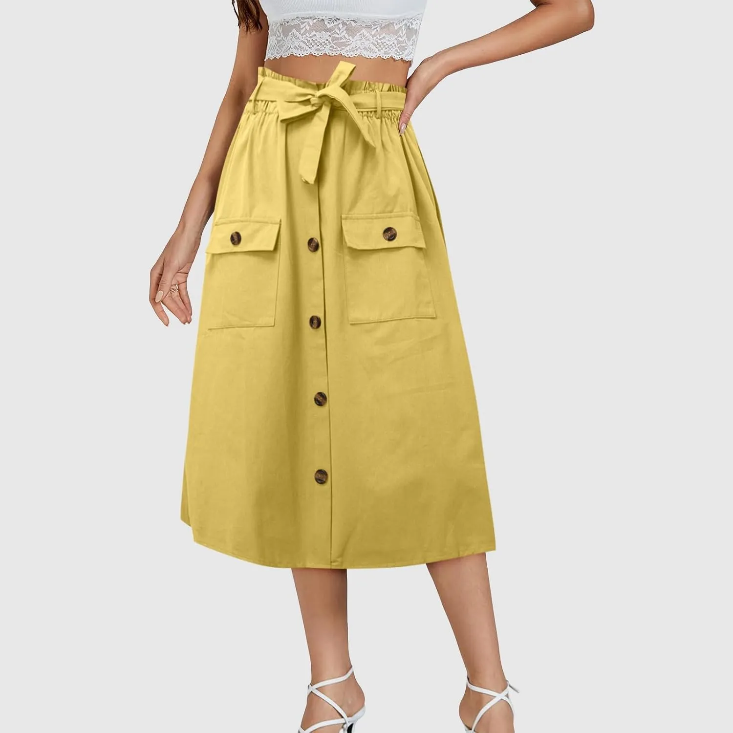 Cargo Midi Skirts for Women Drawstring Elastic High Waisted Long Skirt with Pockets 2025 Summer Y2K Vacation Clothes