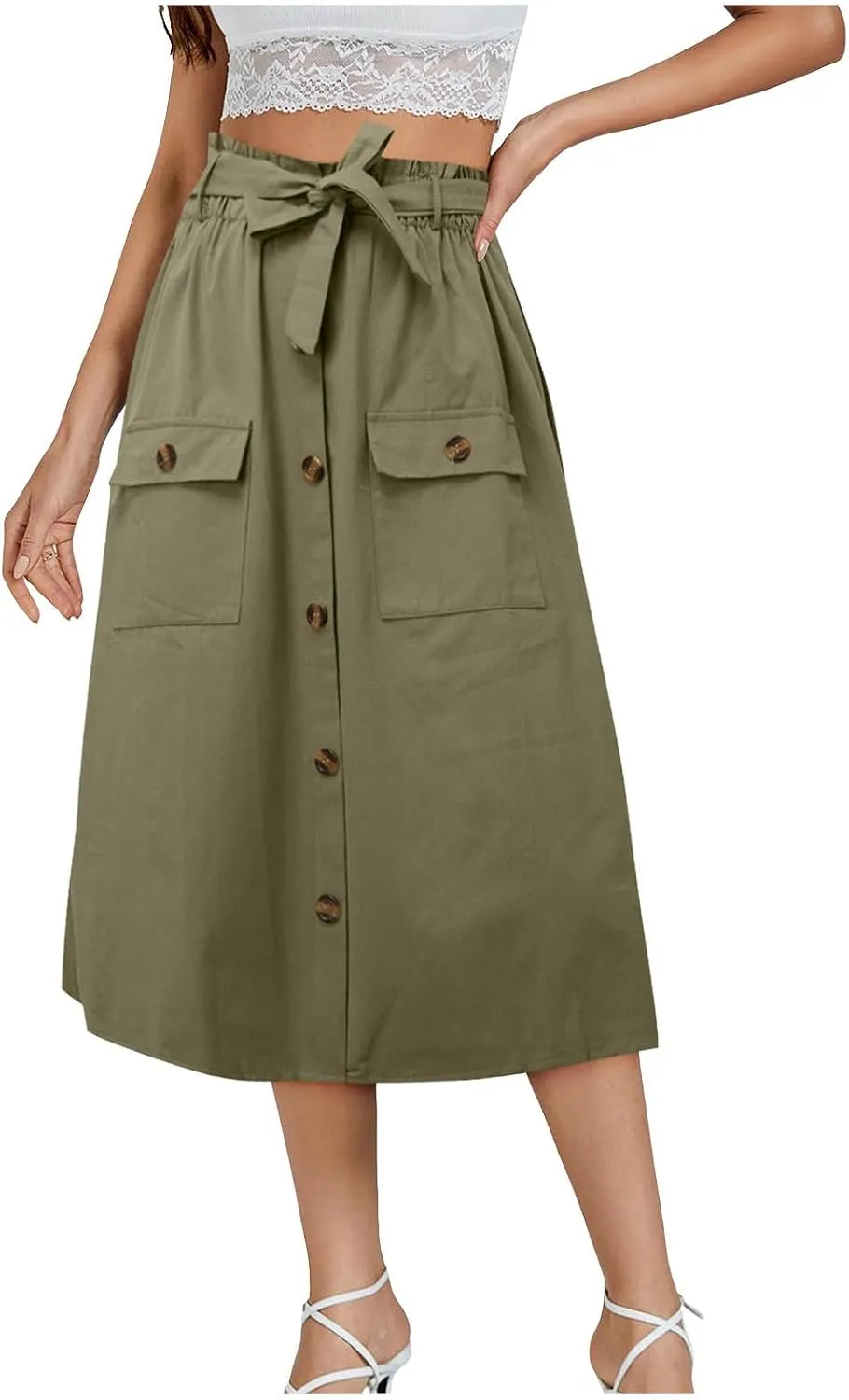 Cargo Midi Skirts for Women Drawstring Elastic High Waisted Long Skirt with Pockets 2025 Summer Y2K Vacation Clothes