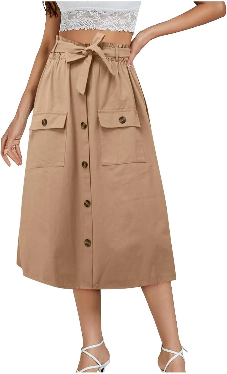 Cargo Midi Skirts for Women Drawstring Elastic High Waisted Long Skirt with Pockets 2025 Summer Y2K Vacation Clothes