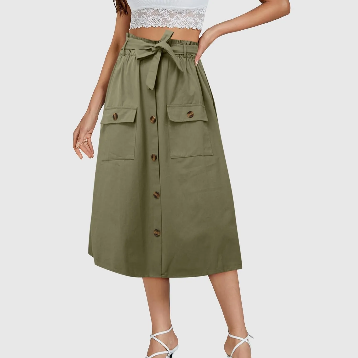 Cargo Midi Skirts for Women Drawstring Elastic High Waisted Long Skirt with Pockets 2025 Summer Y2K Vacation Clothes