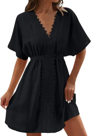Casual Spring Mini Dress for Women Lace Plunging Patchwork V Neck Long Sleeve Ruffled A Line Beach Tunic Dress