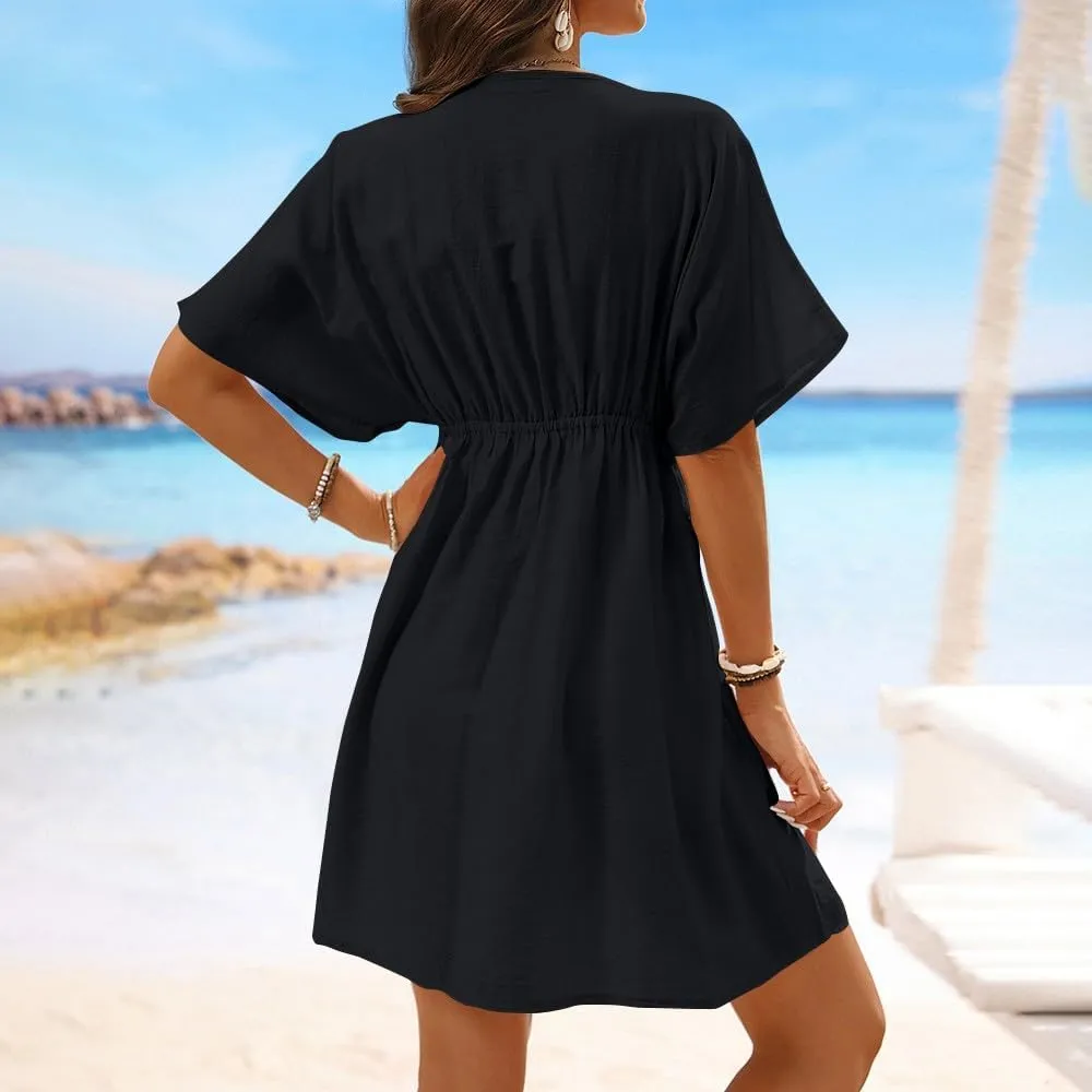 Casual Spring Mini Dress for Women Lace Plunging Patchwork V Neck Long Sleeve Ruffled A Line Beach Tunic Dress