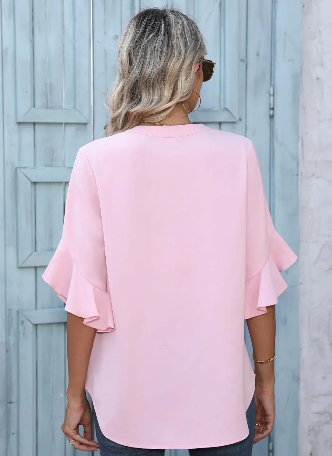 Chiffon Blouses for Women Dressy Casual 3/4 Ruffle Sleeve Summer Business Flowy Work Tops V Neck Elegant Shirt