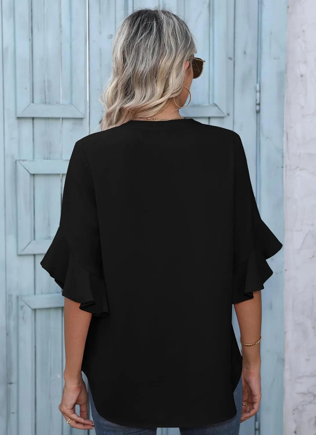 Chiffon Blouses for Women Dressy Casual 3/4 Ruffle Sleeve Summer Business Flowy Work Tops V Neck Elegant Shirt