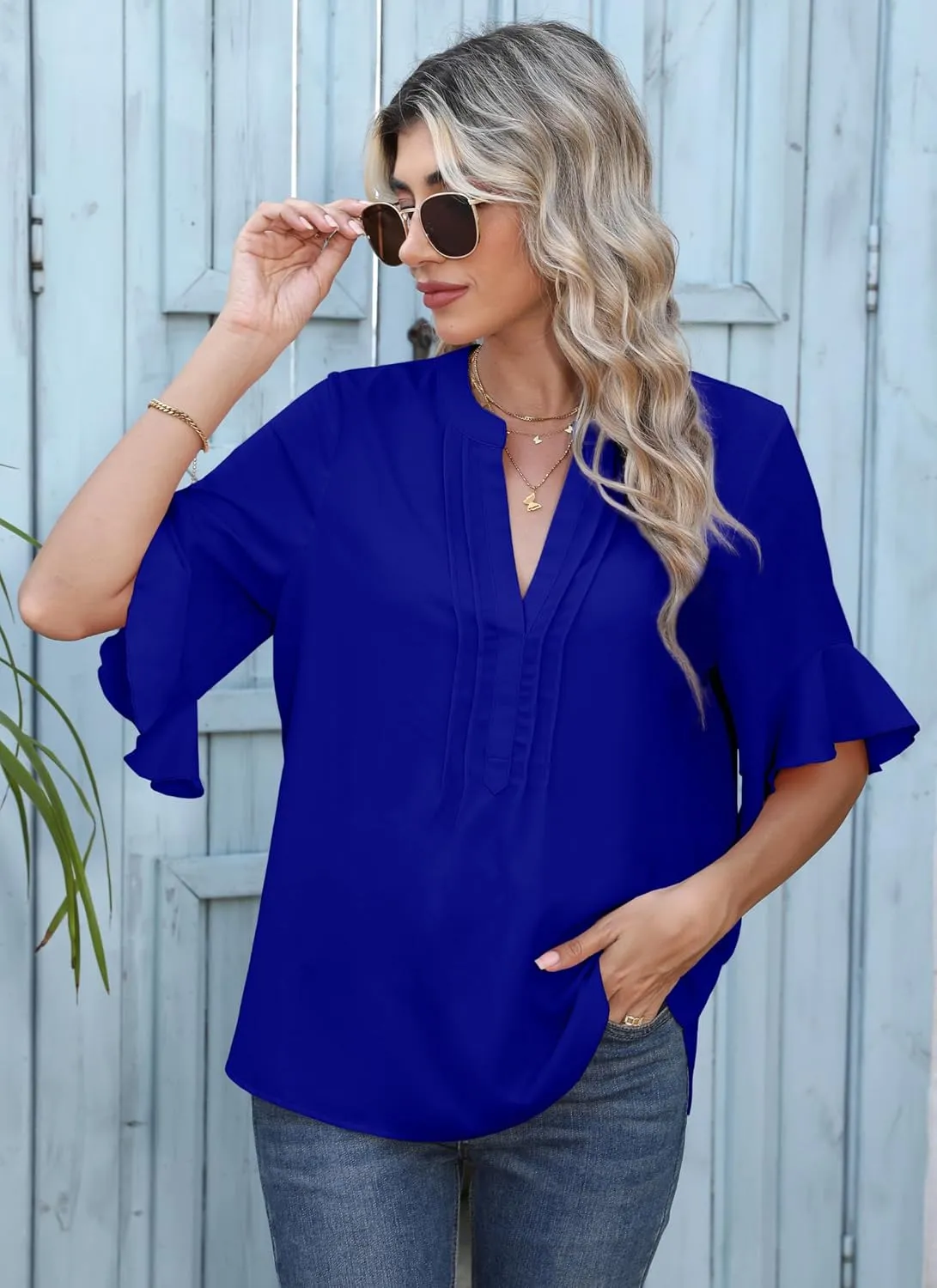 Chiffon Blouses for Women Dressy Casual 3/4 Ruffle Sleeve Summer Business Flowy Work Tops V Neck Elegant Shirt