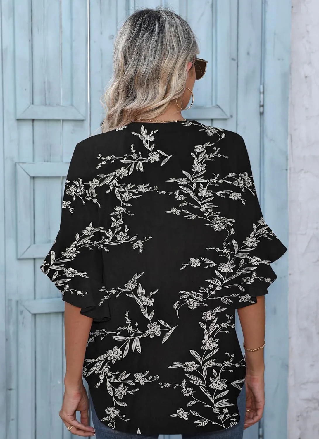 Chiffon Blouses for Women Dressy Casual 3/4 Ruffle Sleeve Summer Business Flowy Work Tops V Neck Elegant Shirt