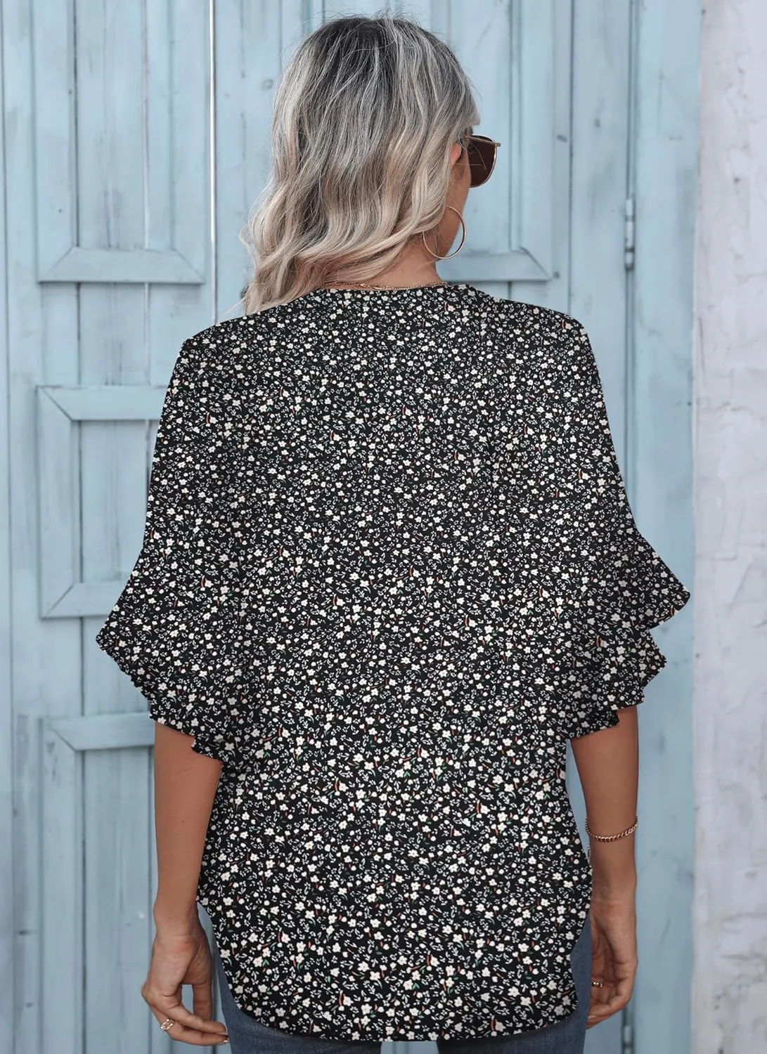 Chiffon Blouses for Women Dressy Casual 3/4 Ruffle Sleeve Summer Business Flowy Work Tops V Neck Elegant Shirt