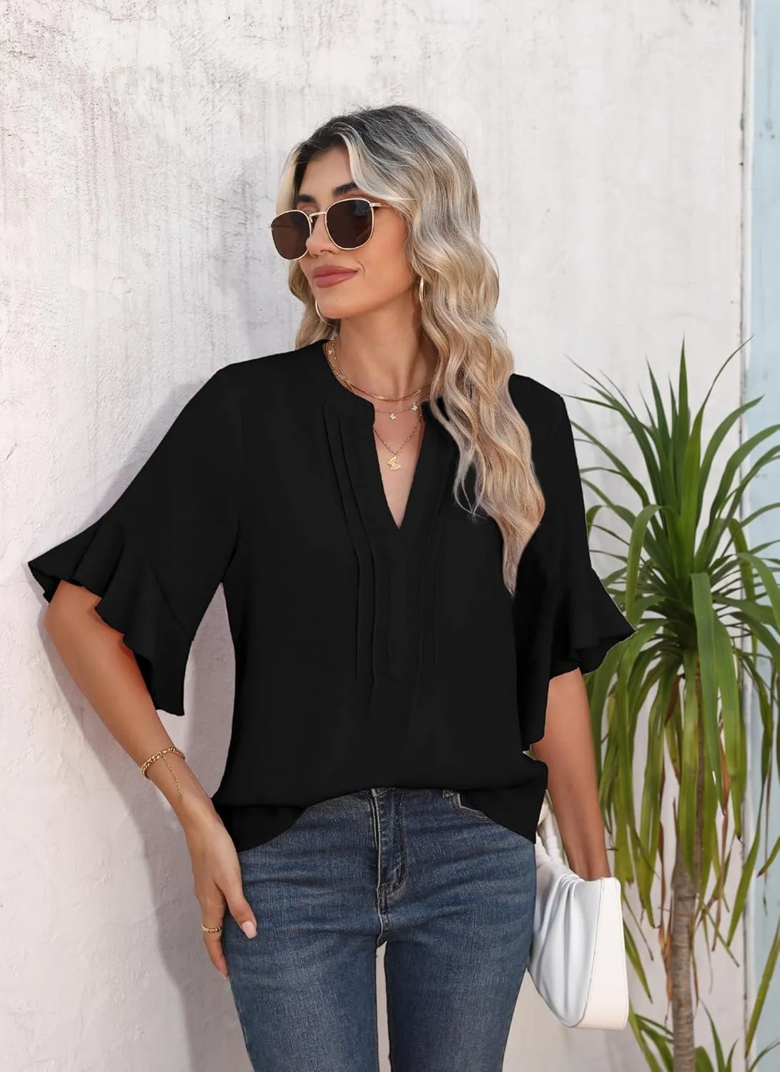 Chiffon Blouses for Women Dressy Casual 3/4 Ruffle Sleeve Summer Business Flowy Work Tops V Neck Elegant Shirt