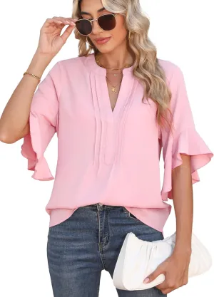Chiffon Blouses for Women Dressy Casual 3/4 Ruffle Sleeve Summer Business Flowy Work Tops V Neck Elegant Shirt