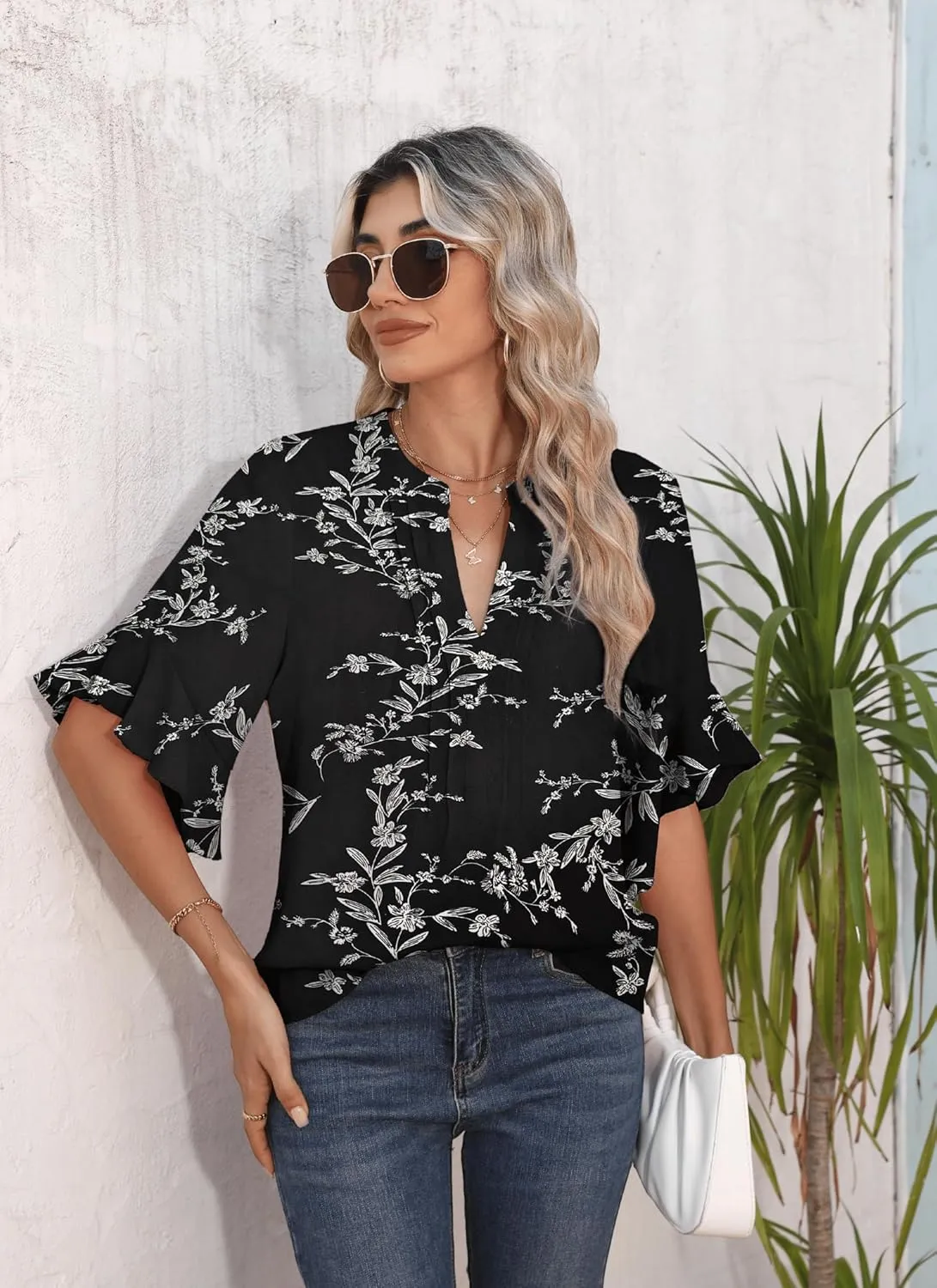 Chiffon Blouses for Women Dressy Casual 3/4 Ruffle Sleeve Summer Business Flowy Work Tops V Neck Elegant Shirt