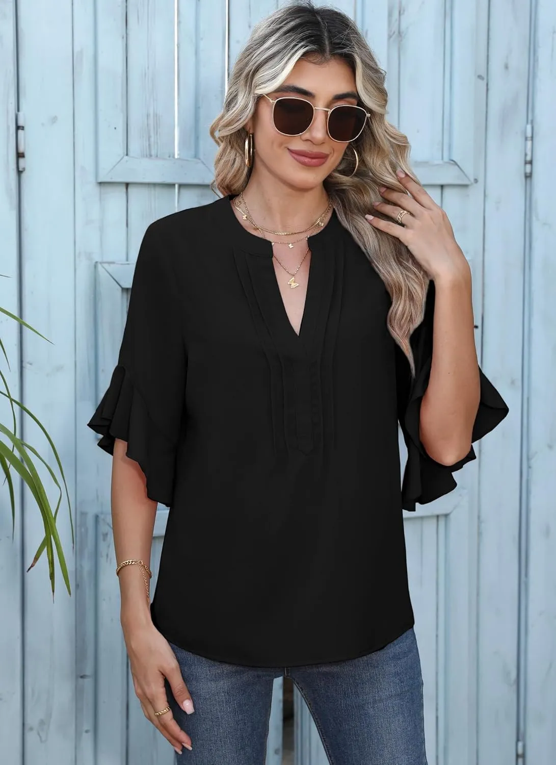 Chiffon Blouses for Women Dressy Casual 3/4 Ruffle Sleeve Summer Business Flowy Work Tops V Neck Elegant Shirt
