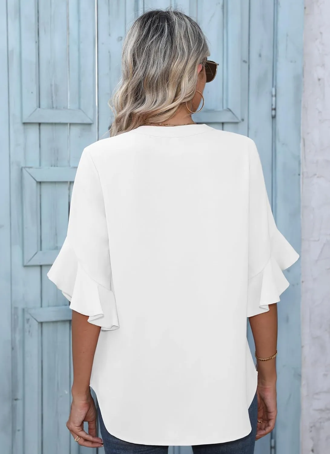 Chiffon Blouses for Women Dressy Casual 3/4 Ruffle Sleeve Summer Business Flowy Work Tops V Neck Elegant Shirt