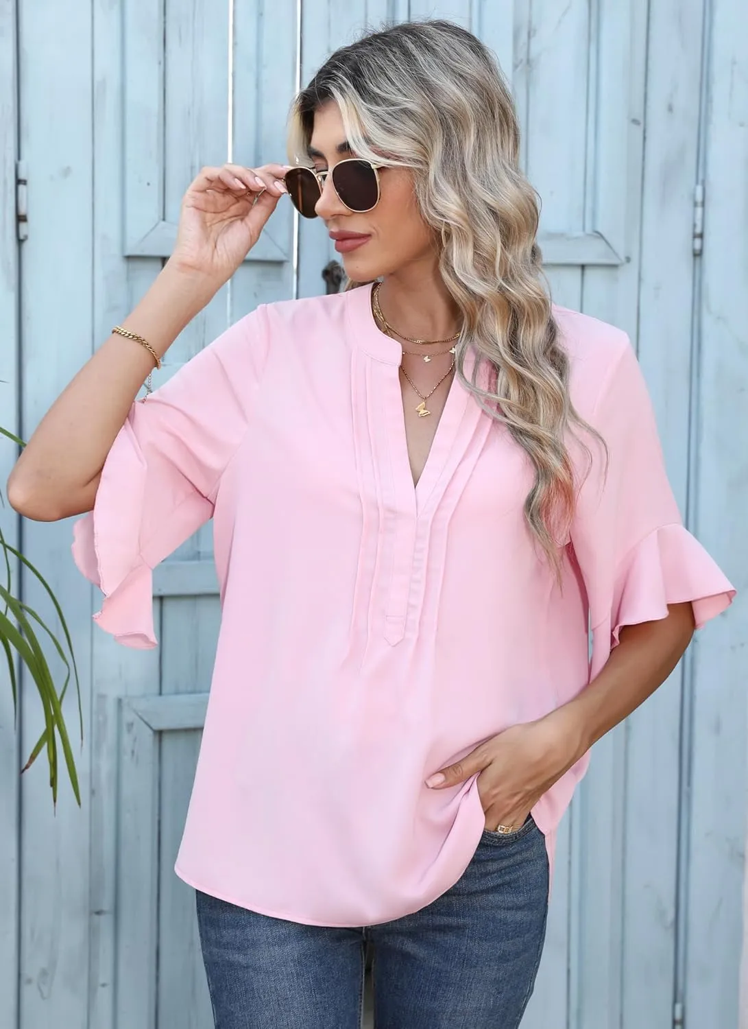 Chiffon Blouses for Women Dressy Casual 3/4 Ruffle Sleeve Summer Business Flowy Work Tops V Neck Elegant Shirt