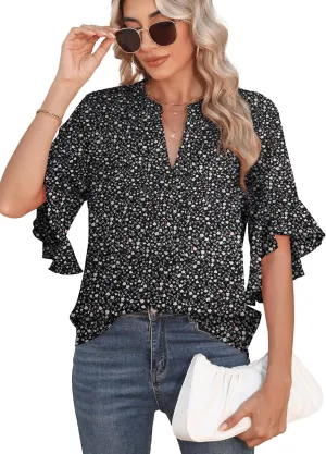 Chiffon Blouses for Women Dressy Casual 3/4 Ruffle Sleeve Summer Business Flowy Work Tops V Neck Elegant Shirt