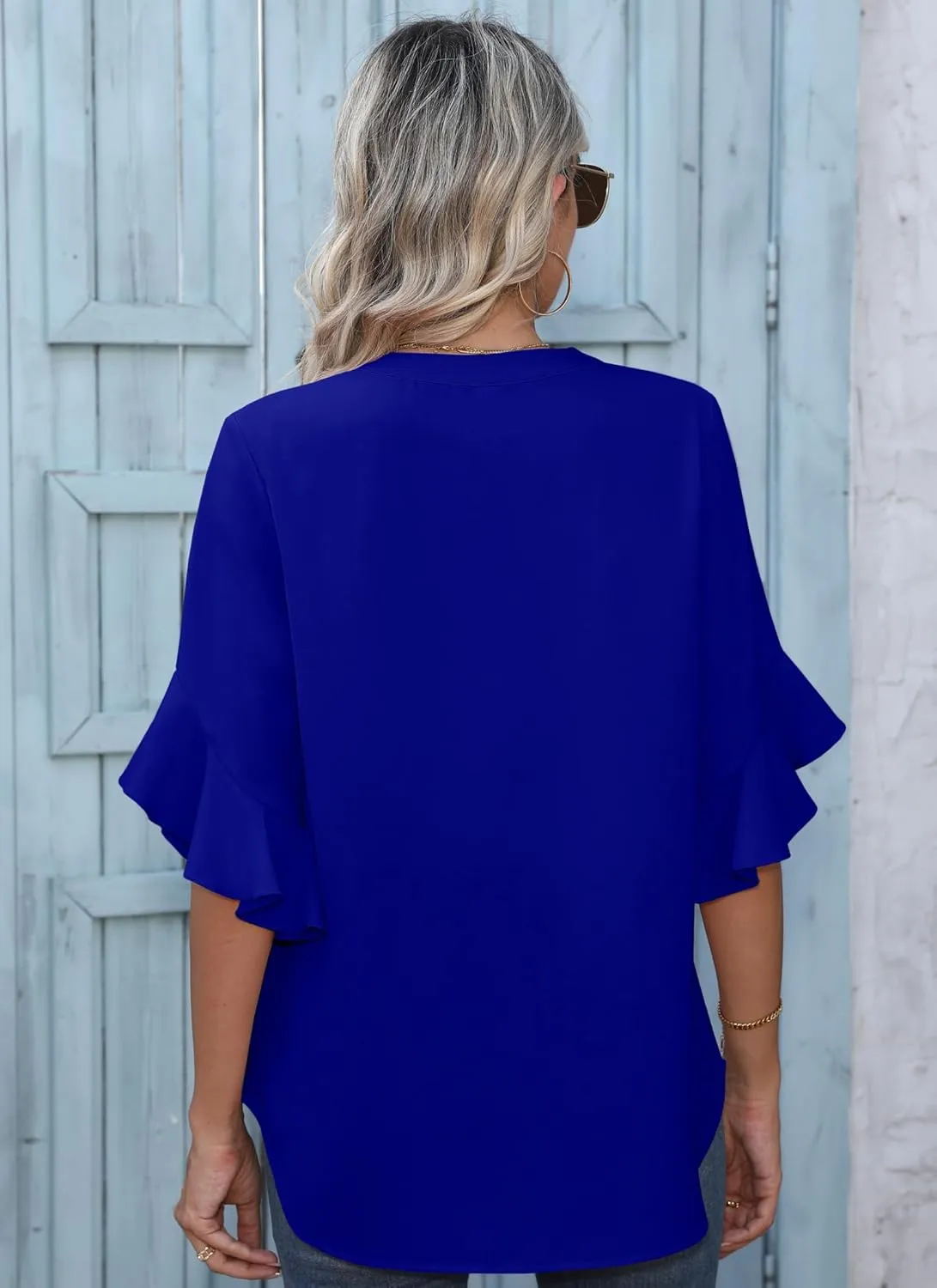 Chiffon Blouses for Women Dressy Casual 3/4 Ruffle Sleeve Summer Business Flowy Work Tops V Neck Elegant Shirt