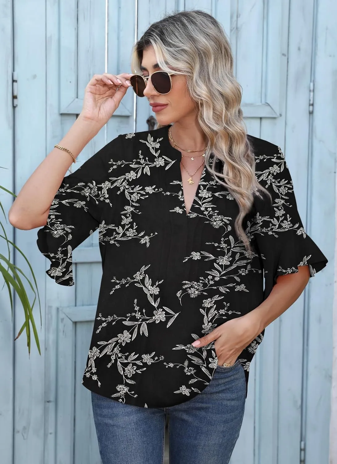 Chiffon Blouses for Women Dressy Casual 3/4 Ruffle Sleeve Summer Business Flowy Work Tops V Neck Elegant Shirt
