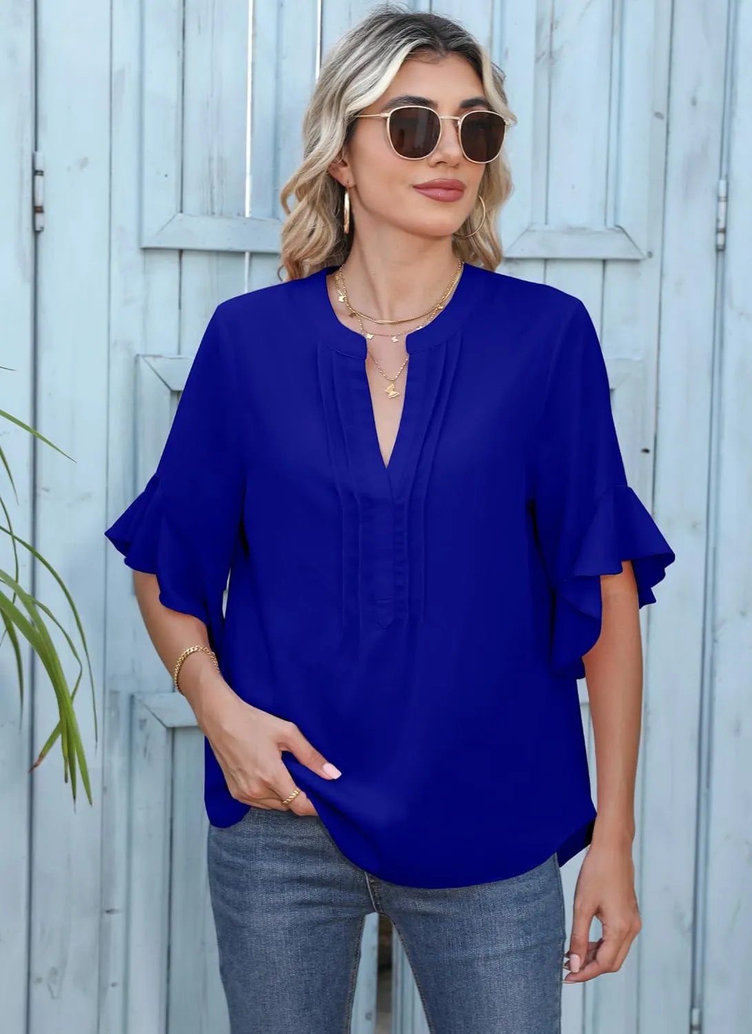 Chiffon Blouses for Women Dressy Casual 3/4 Ruffle Sleeve Summer Business Flowy Work Tops V Neck Elegant Shirt