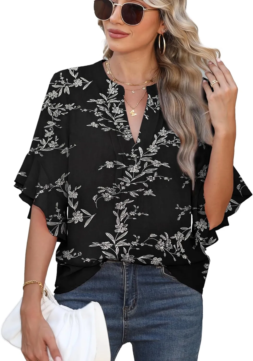 Chiffon Blouses for Women Dressy Casual 3/4 Ruffle Sleeve Summer Business Flowy Work Tops V Neck Elegant Shirt