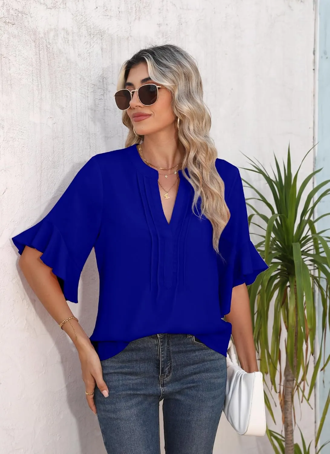Chiffon Blouses for Women Dressy Casual 3/4 Ruffle Sleeve Summer Business Flowy Work Tops V Neck Elegant Shirt