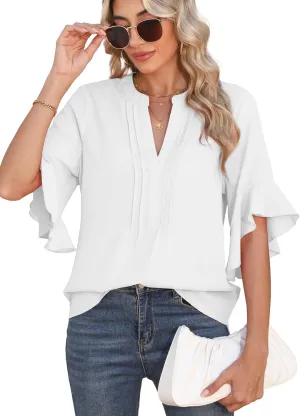 Chiffon Blouses for Women Dressy Casual 3/4 Ruffle Sleeve Summer Business Flowy Work Tops V Neck Elegant Shirt