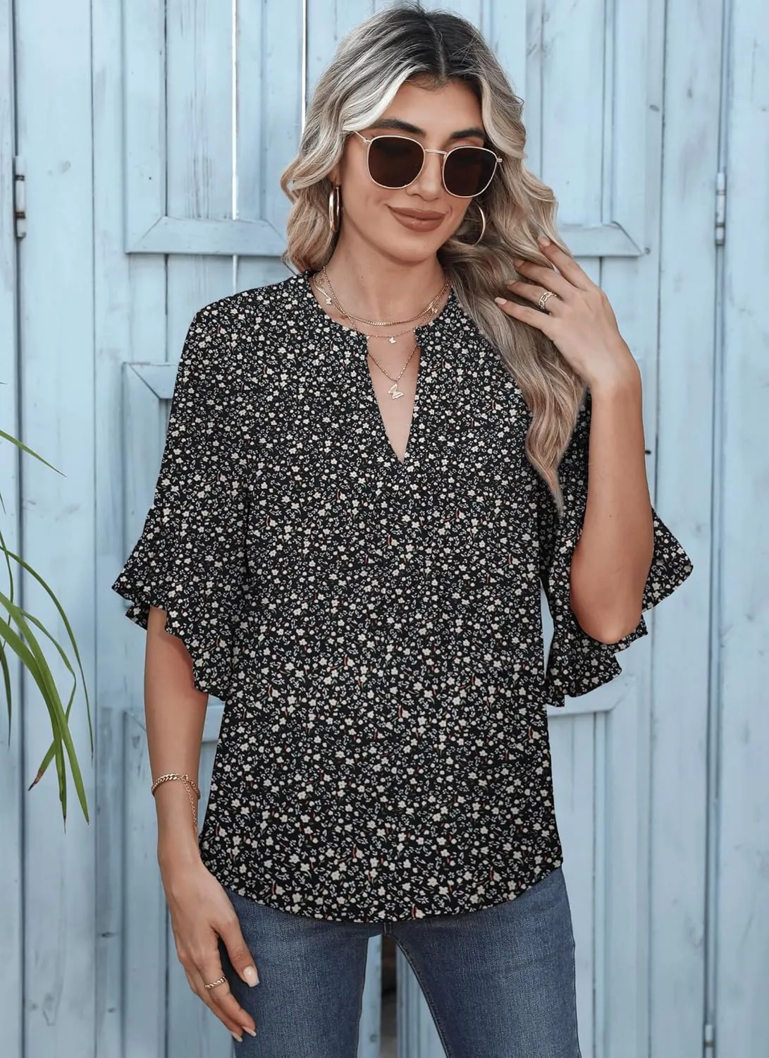 Chiffon Blouses for Women Dressy Casual 3/4 Ruffle Sleeve Summer Business Flowy Work Tops V Neck Elegant Shirt
