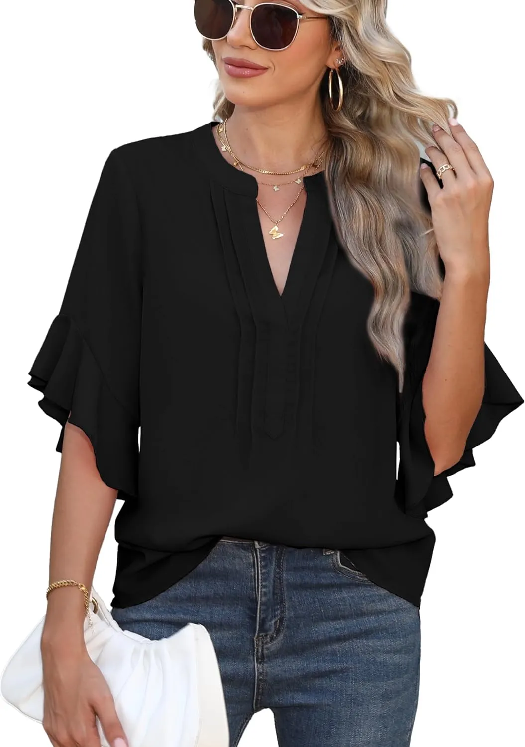 Chiffon Blouses for Women Dressy Casual 3/4 Ruffle Sleeve Summer Business Flowy Work Tops V Neck Elegant Shirt