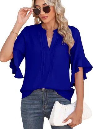 Chiffon Blouses for Women Dressy Casual 3/4 Ruffle Sleeve Summer Business Flowy Work Tops V Neck Elegant Shirt