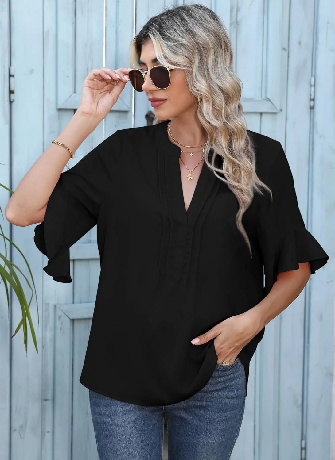 Chiffon Blouses for Women Dressy Casual 3/4 Ruffle Sleeve Summer Business Flowy Work Tops V Neck Elegant Shirt