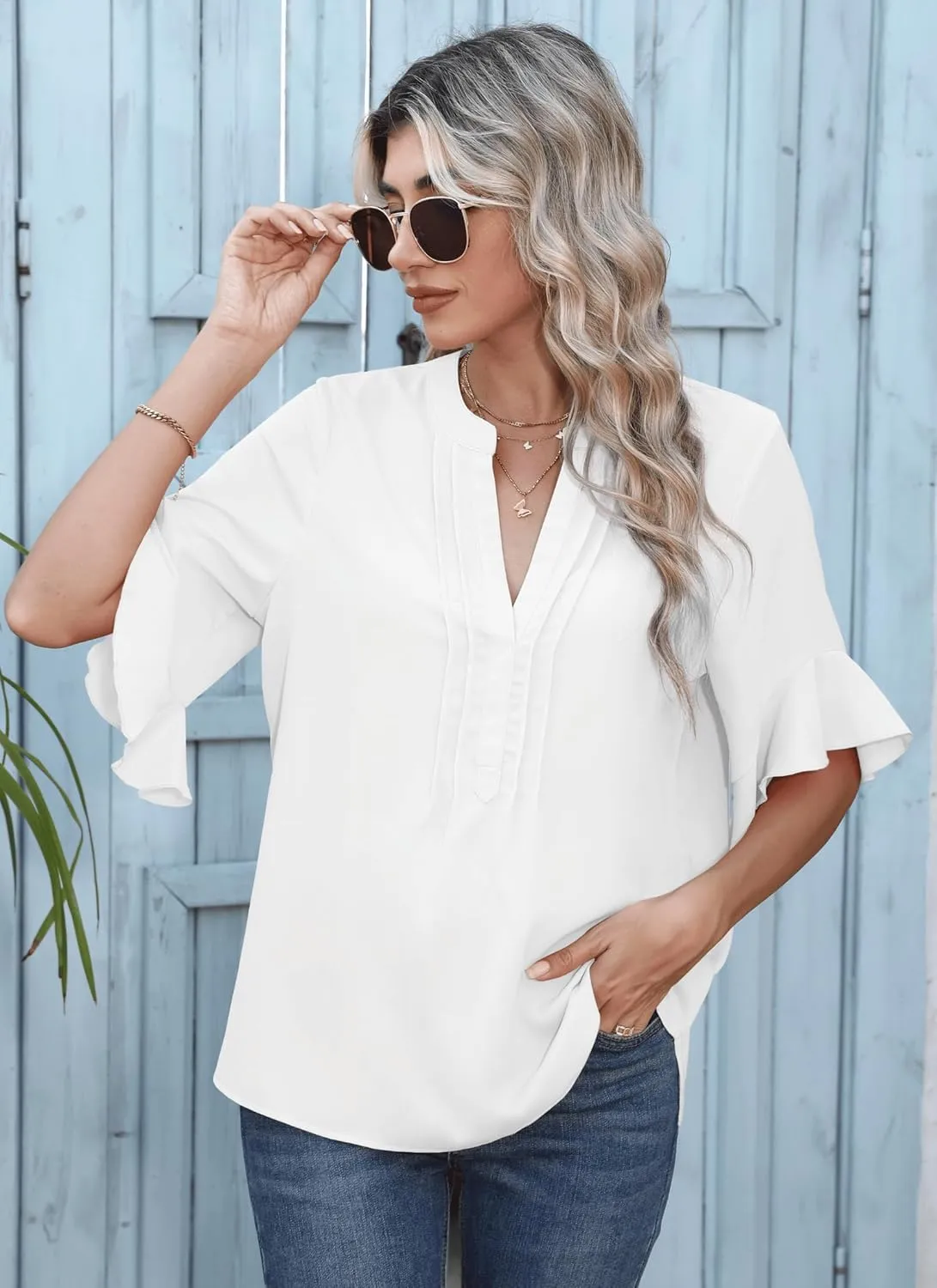 Chiffon Blouses for Women Dressy Casual 3/4 Ruffle Sleeve Summer Business Flowy Work Tops V Neck Elegant Shirt