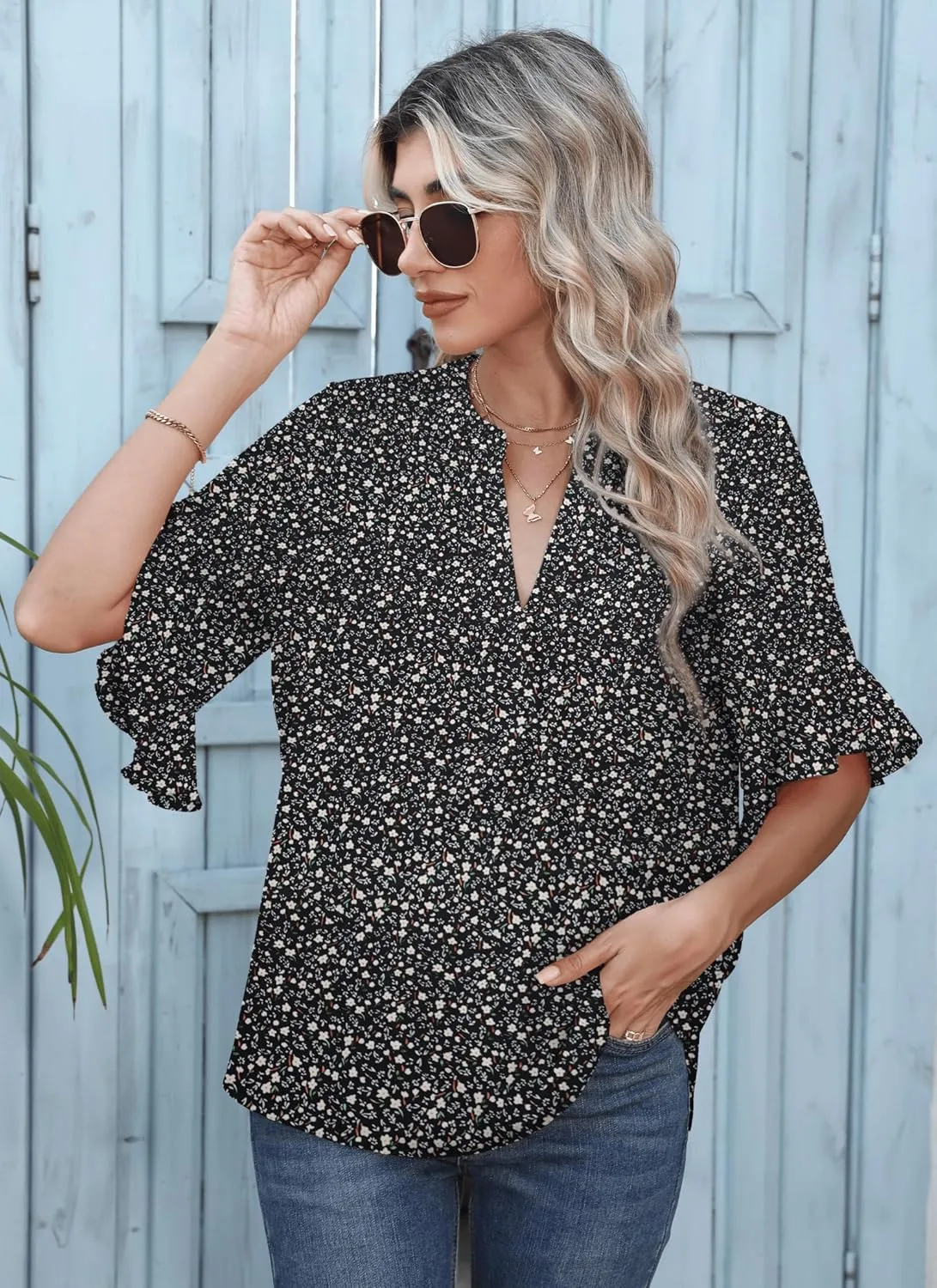 Chiffon Blouses for Women Dressy Casual 3/4 Ruffle Sleeve Summer Business Flowy Work Tops V Neck Elegant Shirt