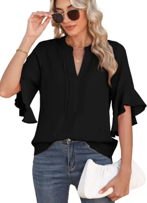 Chiffon Blouses for Women Dressy Casual 3/4 Ruffle Sleeve Summer Business Flowy Work Tops V Neck Elegant Shirt