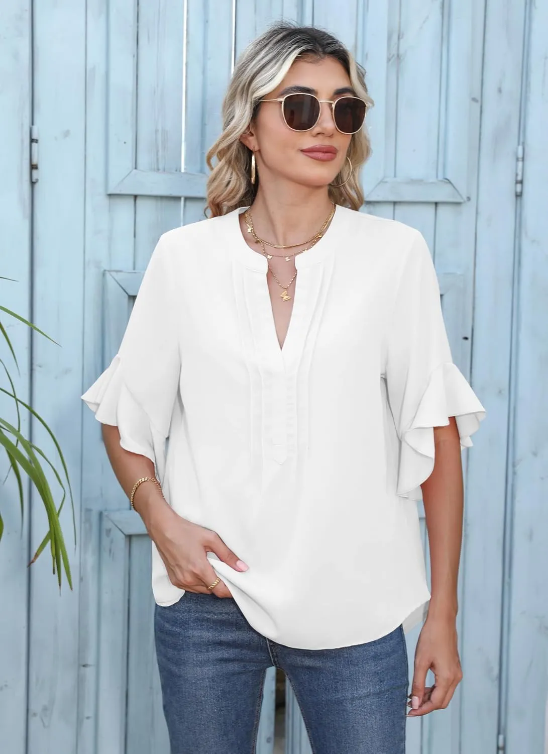 Chiffon Blouses for Women Dressy Casual 3/4 Ruffle Sleeve Summer Business Flowy Work Tops V Neck Elegant Shirt