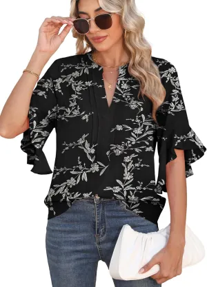 Chiffon Blouses for Women Dressy Casual 3/4 Ruffle Sleeve Summer Business Flowy Work Tops V Neck Elegant Shirt