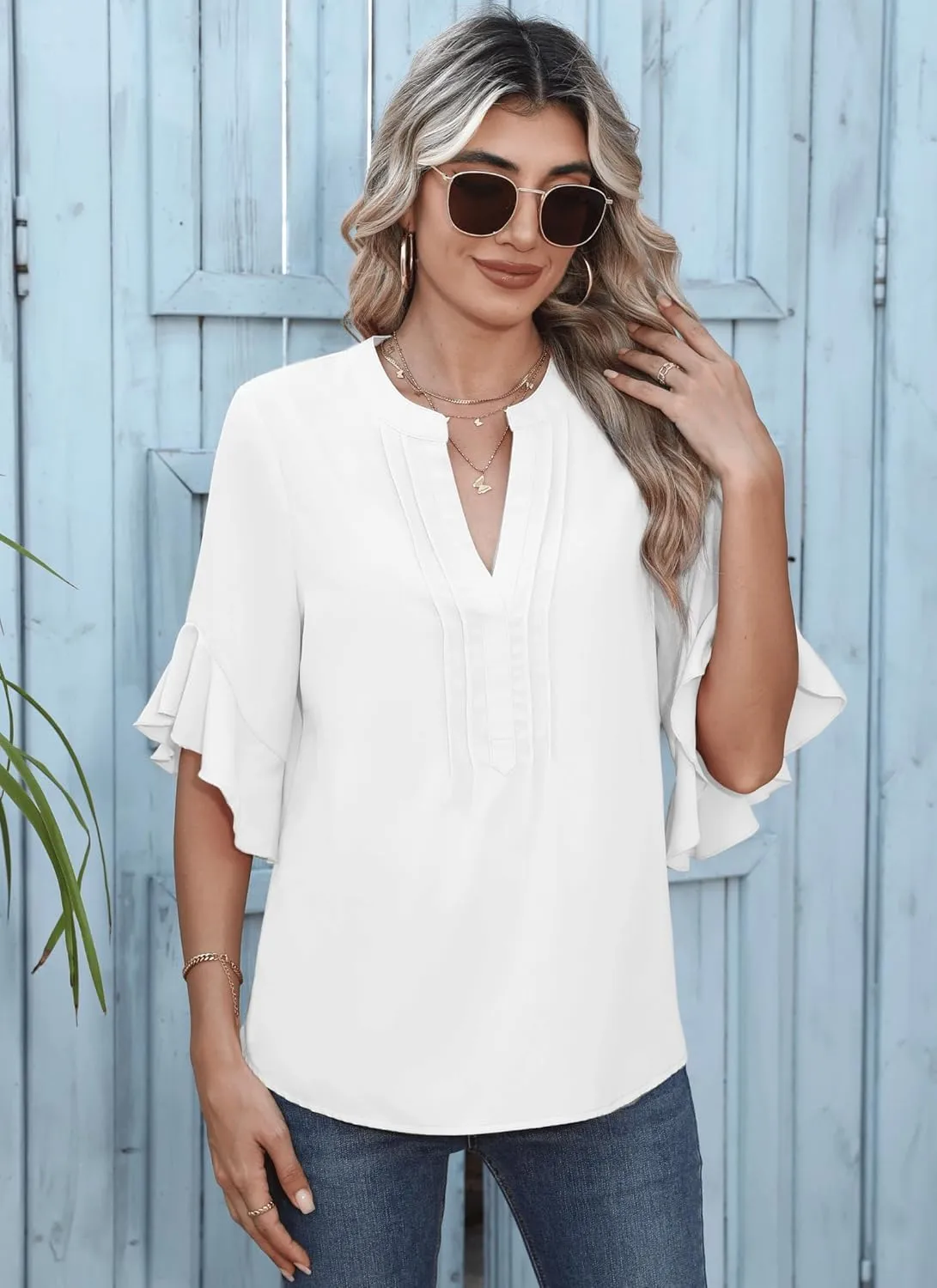 Chiffon Blouses for Women Dressy Casual 3/4 Ruffle Sleeve Summer Business Flowy Work Tops V Neck Elegant Shirt