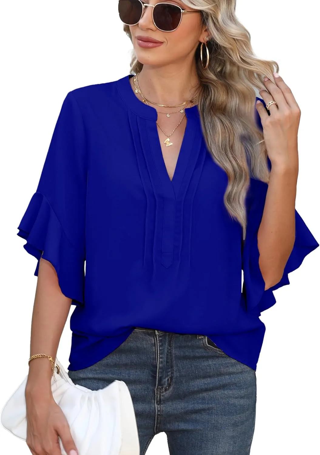 Chiffon Blouses for Women Dressy Casual 3/4 Ruffle Sleeve Summer Business Flowy Work Tops V Neck Elegant Shirt
