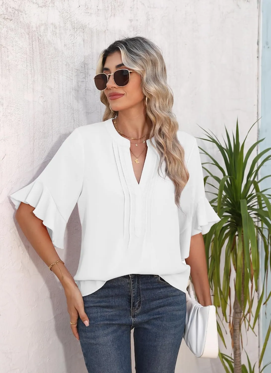Chiffon Blouses for Women Dressy Casual 3/4 Ruffle Sleeve Summer Business Flowy Work Tops V Neck Elegant Shirt