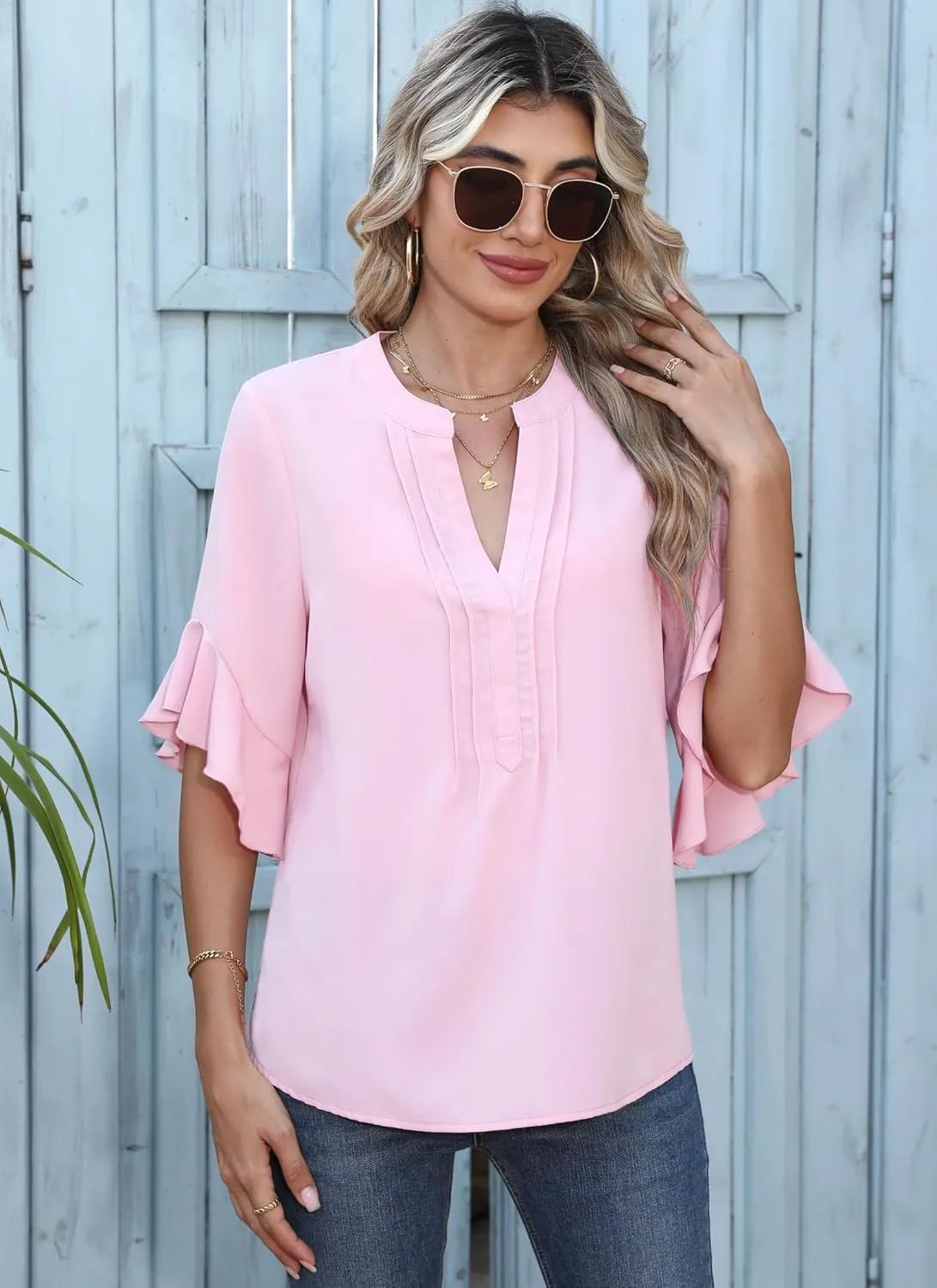 Chiffon Blouses for Women Dressy Casual 3/4 Ruffle Sleeve Summer Business Flowy Work Tops V Neck Elegant Shirt
