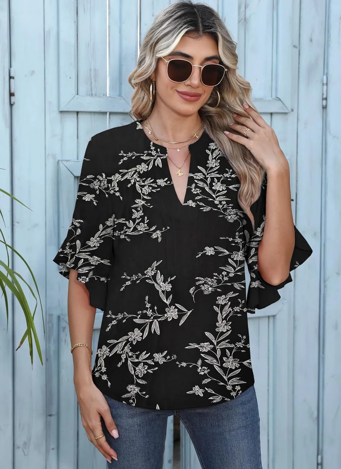 Chiffon Blouses for Women Dressy Casual 3/4 Ruffle Sleeve Summer Business Flowy Work Tops V Neck Elegant Shirt