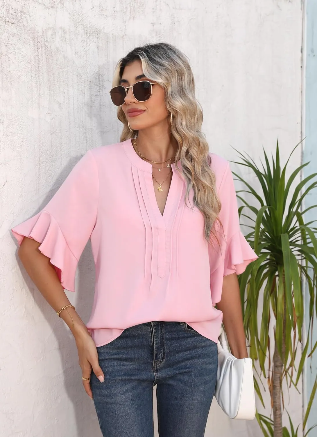 Chiffon Blouses for Women Dressy Casual 3/4 Ruffle Sleeve Summer Business Flowy Work Tops V Neck Elegant Shirt