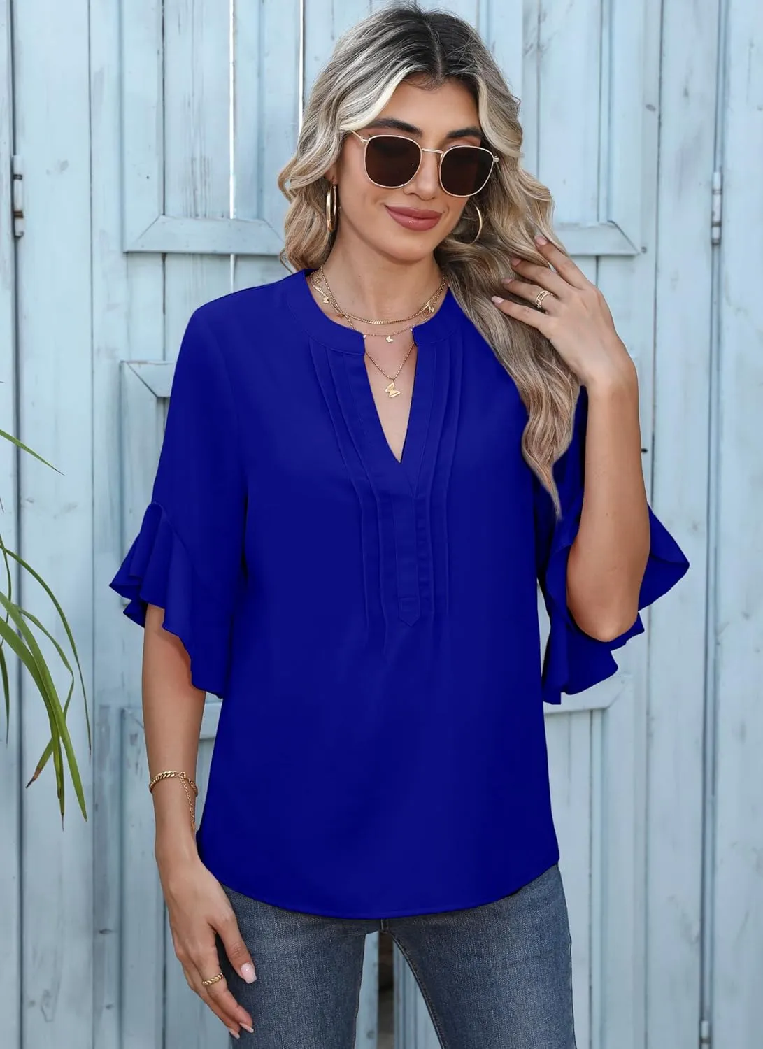 Chiffon Blouses for Women Dressy Casual 3/4 Ruffle Sleeve Summer Business Flowy Work Tops V Neck Elegant Shirt